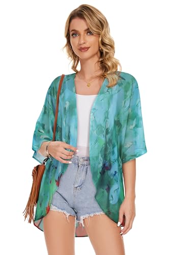 Women's Floral Print Puff Sleeve Kimono Cardigan Loose Cover Up Casual Blouse Tops