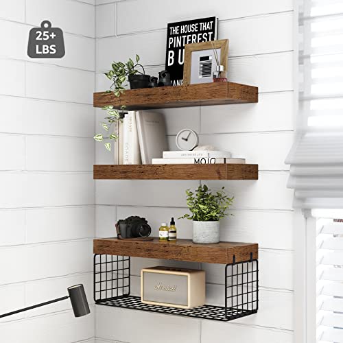 QEEIG Bathroom Shelves Over Toilet Wall Mounted Floating Shelves Farmhouse Shelf Toilet Paper Storage Small 16 inch Set of 3, Rustic Brown (019-BN3)