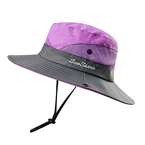 Women's Outdoor UV-Protection-Foldable Sun-Hats Mesh Wide-Brim Beach Fishing Hat with Ponytail-Hole