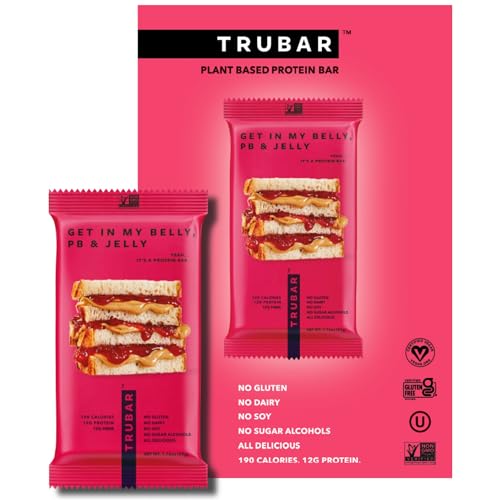 TRUBAR Vegan Protein Bar, Get In My Belly PB & Jelly, Gluten Free, Plant Based Protein, Dairy Free, Non GMO, Soy Free, No Sugar Alcohols, 12G Protein, 12G Fiber, 23G Carb, on the Go Snack Bars, 12 CT