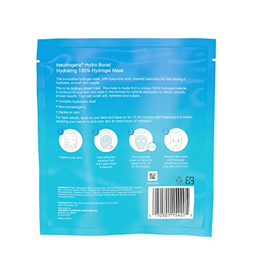 Neutrogena Hydro Boost Moisturizing & Hydrating 100% Hydrogel Sheet Face Mask for Dry Skin with Hyaluronic Acid, Gentle & Non-Comedogenic, 1 Ounce (Pack of 12)