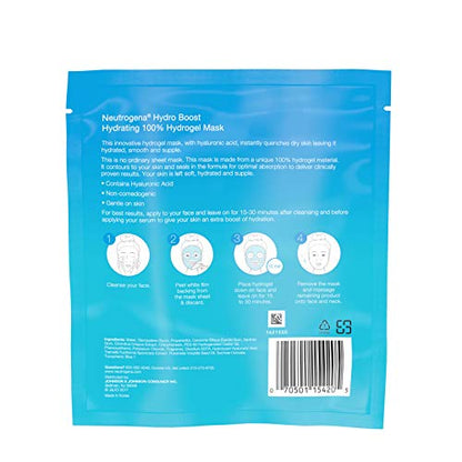 Neutrogena Hydro Boost Moisturizing & Hydrating 100% Hydrogel Sheet Face Mask for Dry Skin with Hyaluronic Acid, Gentle & Non-Comedogenic, 1 Ounce (Pack of 12)