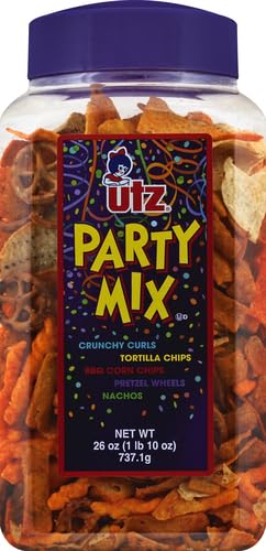 Utz Party Mix - 26 Ounce Barrel - Tasty Snack Mix Includes Corn/Nacho Tortillas, Pretzels, BBQ Corn Chips and Cheese Curls, Easy and Quick Party Snacks, Cholesterol Free and Trans-Fat Free