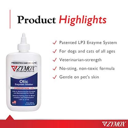 Zymox Otic Enzymatic Solution for Dogs and Cats to Soothe Ear Infections with 1% Hydrocortisone for Itch Relief, 1.25oz