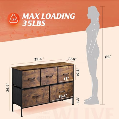 WLIVE Dresser for Bedroom with 5 Drawers, Wide Chest of Drawers, Fabric Dresser, Storage Organizer Unit with Fabric Bins for Closet, Living Room, Hallway, Rustic Brown Wood Grain Print