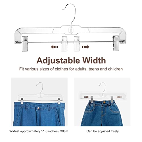 HOUSE DAY 12 Pack 14 inch Clear Plastic Skirt Hangers with Adjustable Clips, Pants Hangers 360-Rotating Swivel Hook, Clip Hangers for Pants, Trousers, Skirts, Jeans, Bulk Plastic Hangers