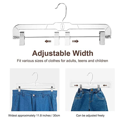 HOUSE DAY 12 Pack 14 inch Clear Plastic Skirt Hangers with Adjustable Clips, Pants Hangers 360-Rotating Swivel Hook, Clip Hangers for Pants, Trousers, Skirts, Jeans, Bulk Plastic Hangers