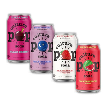 Culture Pop Soda Sparkling Probiotic Drink, 45 Calories Per Can, Vegan Soda for Gut Health, Non-GMO, GF, No Added Sugar, 12 Pack, 12 Fl Oz Cans, Jazzy & Juicy Variety Pack - New!