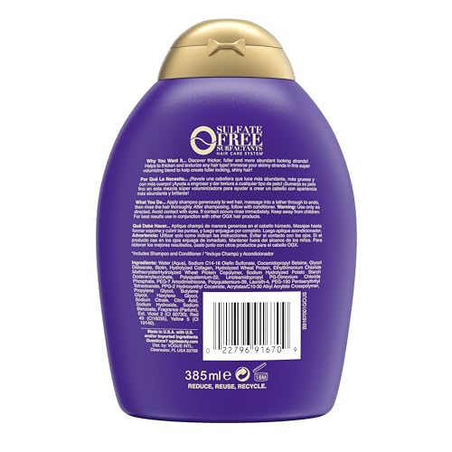 OGX Thick & Full + Biotin & Collagen Volumizing Shampoo, Nutrient-Infused Hair Shampoo with Vitamin B7 Biotin Gives Hair Volume & Body for 72+ Hours, Sulfate-Free Surfactants, 13 fl. oz