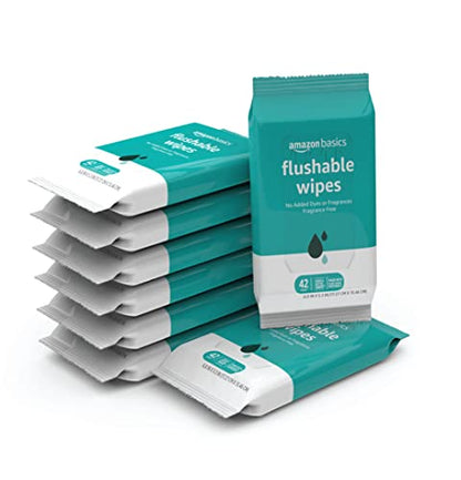 Amazon Basics Flushable Adult Toilet Wipes, Fragrance Free, 126 Count (3 Packs of 42) Packaging May Vary