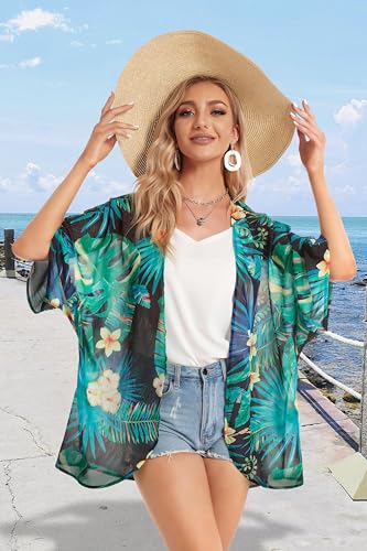 Women's Floral Print Puff Sleeve Kimono Cardigan Loose Cover Up Casual Blouse Tops