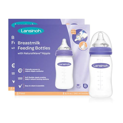 Lansinoh Anti-Colic Baby Bottles for Breastfeeding Babies, 8 Ounces, 3 Count, Includes 3 Medium Flow Nipples, Size M