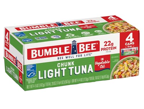 Bumble Bee Chunk Light Tuna In Water, 5 oz Cans (Pack of 24) - Wild Caught Skipjack Tuna - 23g Protein Per Serving - MSC Certified Sustainable Seafood, Non-GMO, Gluten Free, Kosher