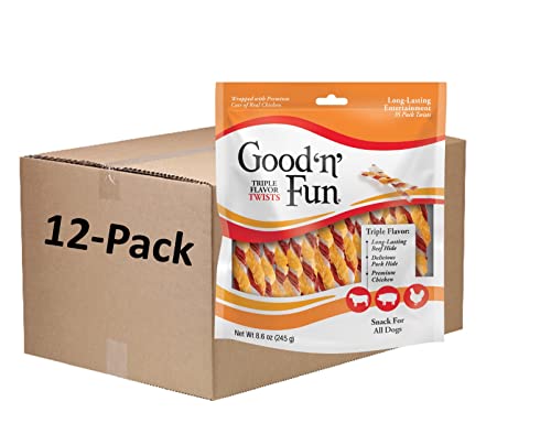 Good'n'Fun Triple Flavor Twists, Dog Chew Sticks, Premium Chicken and Beef Hide Treats for Dogs, 70 Count