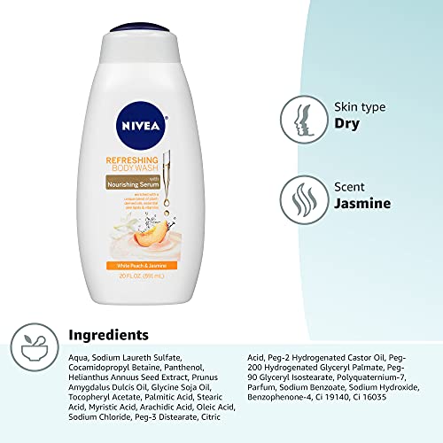 NIVEA White Peach and Jasmine Body Wash with Nourishing Serum, 20 Fl Oz