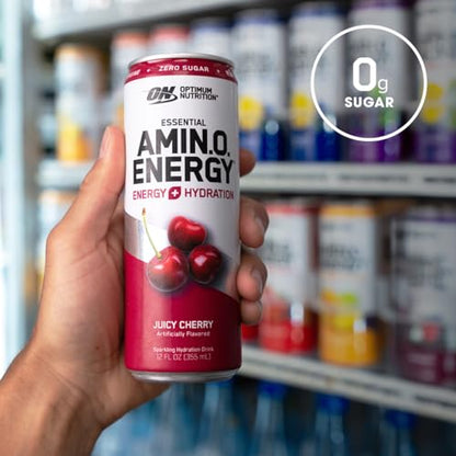 Optimum Nutrition Amino Energy Sparkling Hydration Drink, Electrolytes, Caffeine, Amino Acids, BCAAs, Sugar Free, Juicy Strawberry, 12 Fl Oz, 12 Pack (Packaging May Vary)