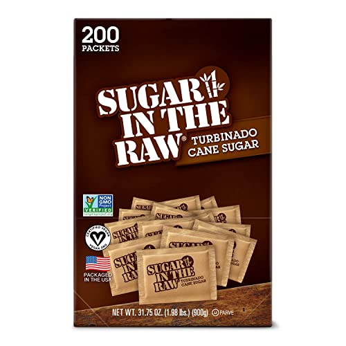 Sugar In The Raw Turbinado Cane Sugar Packets, 200 Count, Natural Sweetener for Drinks and Baking, Vegan, Gluten-Free, Non-GMO