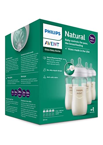 Philips AVENT Glass Natural Baby Bottle with Natural Response Nipple, Clear, 4oz, 4pk, SCY910/04