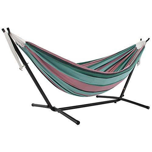 Vivere Double Hammock with Space Saving Steel Stand, Natural (450 lb Capacity - Premium Carry Bag Included)