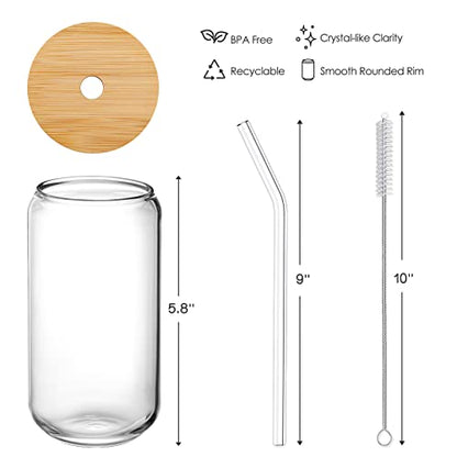 NETANY Drinking Glasses with Bamboo Lids and Glass Straw 4pcs Set - 16oz Can Shaped Glass Cups, Beer Glasses, Iced Coffee Glasses, Cute Tea Cup, Ideal for Cocktail, Whiskey, Gift - 2 Cleaning Brushes