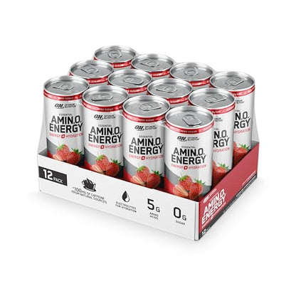 Optimum Nutrition Amino Energy Sparkling Hydration Drink, Electrolytes, Caffeine, Amino Acids, BCAAs, Sugar Free, Juicy Strawberry, 12 Fl Oz, 12 Pack (Packaging May Vary)