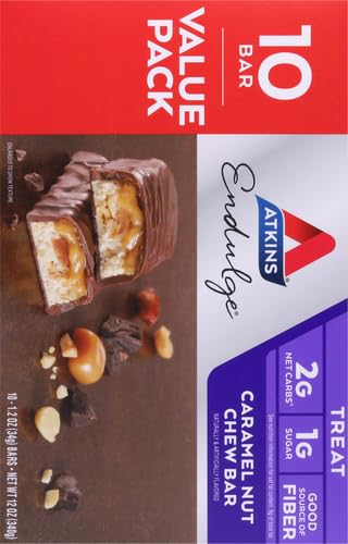 Atkins Endulge Caramel Nut Chew Bar, Dessert Favorite, 1g Sugar, Good Source of Fiber, Low Sugar, 10 Count