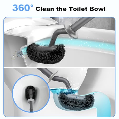 HAMITOR Toilet Bowl Brush Holder Set: Curved Design with Holder for Deep Cleaning Under Rim - Compact Hidden Scrubber for Small Space - Modern RV Bathroom Accessories - White