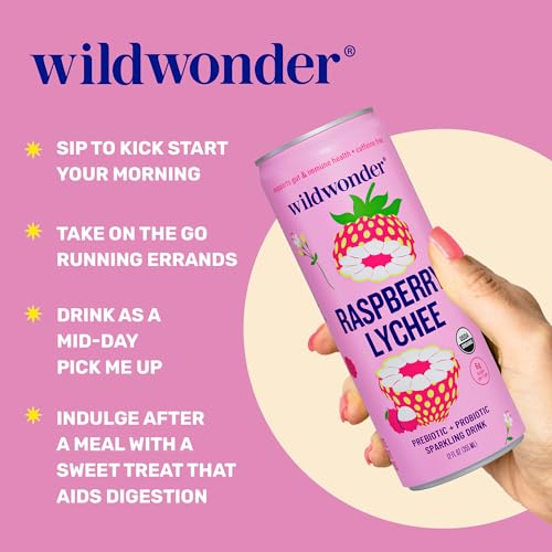 wildwonder Sparkling Probiotic Juice Drink w/Gut Health Immunity, Digestion Support, 5g Fiber, Live Probiotics, Caffeine Free, Organic, Low Sugar, 12pk 12oz, Strawberry Passion, As Seen on Shark Tank