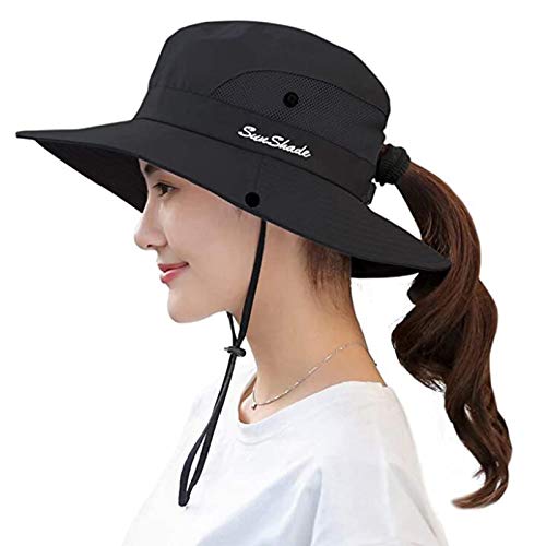 Women's Outdoor UV-Protection-Foldable Sun-Hats Mesh Wide-Brim Beach Fishing Hat with Ponytail-Hole