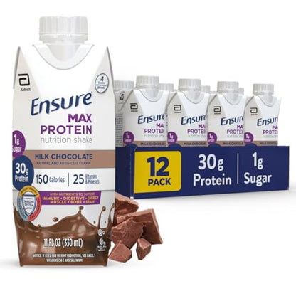 Ensure Max Protein Nutrition Shake with 30g of Protein, 1g of Sugar, High Protein Shake, Milk Chocolate, 11 Fl Oz (Pack of 12), Liquid, Halal