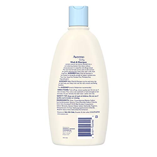 Aveeno Baby Daily Moisture Gentle Bath Wash & Shampoo with Natural Oat Extract, Hypoallergenic, Tear-Free & Paraben-Free Formula For Sensitive Hair & Skin, Lightly Scented, 33 fl. oz