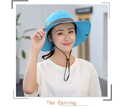 Women's Outdoor UV-Protection-Foldable Sun-Hats Mesh Wide-Brim Beach Fishing Hat with Ponytail-Hole