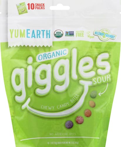 YumEarth Organic Sour Giggles Chewy Candy - Allergy Friendly (Top 9 Free), No Artificial Dyes or Flavors, Non GMO, Gluten Free, Vegan - Individually Wrapped Sour Snack Packs - 0.5 Ounce (Pack of 10)