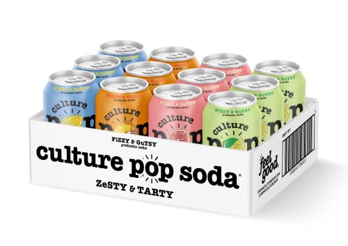 Culture Pop Soda Sparkling Probiotic Drink, 45 Calories Per Can, Vegan Soda for Gut Health, Non-GMO, GF, No Added Sugar, 12 Pack, 12 Fl Oz Cans, Jazzy & Juicy Variety Pack - New!