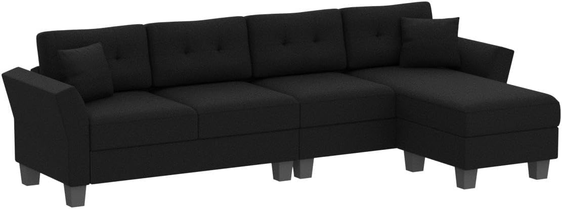 Belffin Convertible Sectional Couch Velvet L Shaped Sofa 4 Seat Sofa with Chaise L-Shaped Couches Reversible Sectional Sofa (Black, L Shaped Couch)