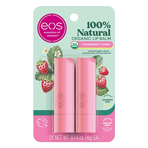 eos 100% Natural & Organic Lip Balm Sticks- Vanilla Bean, All-Day Moisture, Dermatologist Recommended, 0.14 oz, 2-Pack