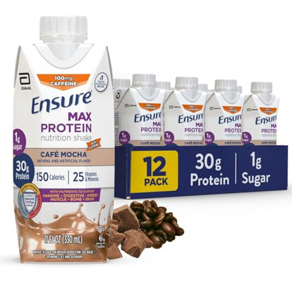 Ensure Max Protein Nutrition Shake with 30g of Protein, 1g of Sugar, High Protein Shake, Milk Chocolate, 11 Fl Oz (Pack of 12), Liquid, Halal