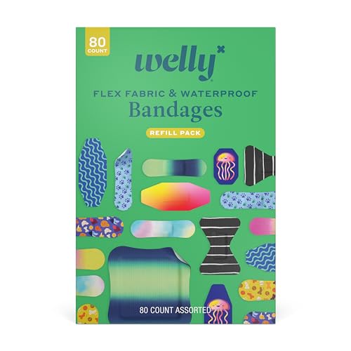 Welly Bandage Family Pack | Adhesive Flexible Fabric & Waterproof Bandages | Assorted Shapes and Patterns for Minor Cuts, Scrapes, and Wounds - 80 Count