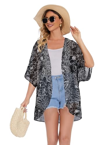 Women's Floral Print Puff Sleeve Kimono Cardigan Loose Cover Up Casual Blouse Tops