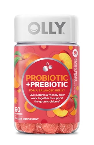 OLLY Probiotic + Prebiotic Gummy, Digestive Support and Gut Health, 500 Million CFUs, Fiber, Adult Chewable Supplement for Men and Women, Peach, 30 Day Supply - 30 Count