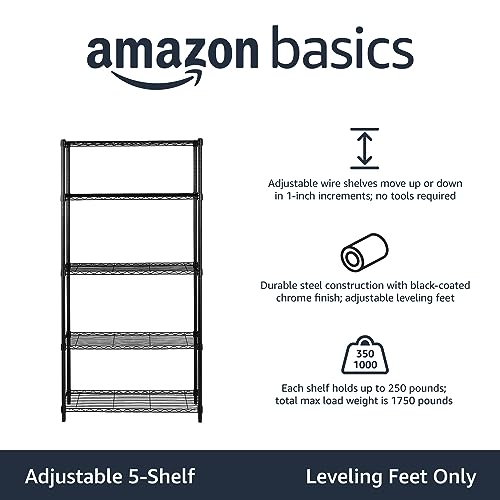 Amazon Basics 3-Shelf Adjustable, Heavy Duty Storage Shelving Unit (250 lbs loading capacity per shelf), Steel Organizer Wire Rack, 23.2"L x 13.4"W x 30"H, Black