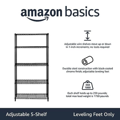 Amazon Basics 3-Shelf Adjustable, Heavy Duty Storage Shelving Unit (250 lbs loading capacity per shelf), Steel Organizer Wire Rack, 23.2"L x 13.4"W x 30"H, Black