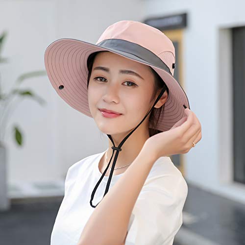 Women's Outdoor UV-Protection-Foldable Sun-Hats Mesh Wide-Brim Beach Fishing Hat with Ponytail-Hole