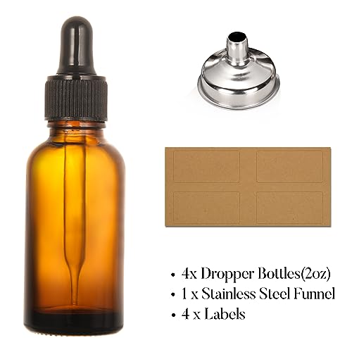 AOZITA 4 Pack, 2 oz Dropper Bottles with 1 Funnel & 4 Labels - 60ml Thick Dark Amber Glass Tincture Bottles with Eye Droppers - Leakproof Essential Oils Bottles