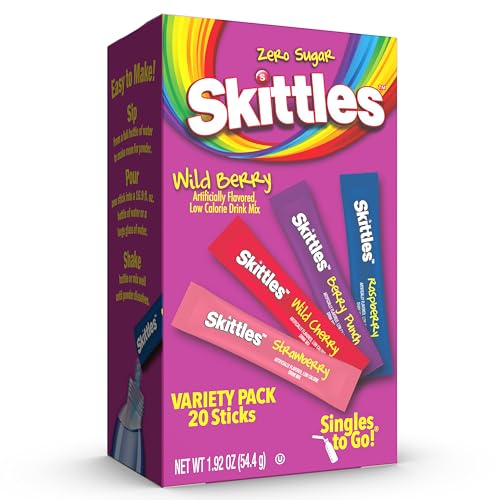 Skittles Singles To Go Variety Pack, Watertok Powdered Drink Mix, Zero Sugar, Low Calorie, Includes 4 Flavors, 1 Box (20 Single Servings) (Wild Berry)