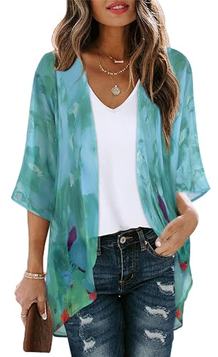 Women's Floral Print Puff Sleeve Kimono Cardigan Loose Cover Up Casual Blouse Tops