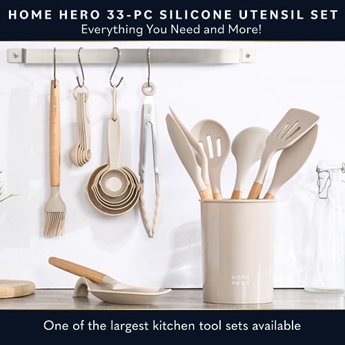 Home Hero 33 Pcs Silicone Kitchen Utensils Set, Non-Stick Silicone Cooking Utensils Set with Spatula, Wooden Handle Spatula, Silicone Kitchen Gadgets Utensil Set (33 Pcs - Blue)