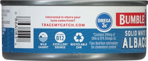 Bumble Bee Solid White Albacore Tuna in Water, 5 oz Can (Pack of 8) - Wild Caught Tuna - 29g Protein per Serving, High in Omega-3s - Non-GMO Project Verified, Gluten Free, Kosher