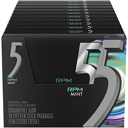 5 GUM Peppermint Cobalt Sugar Free Chewing Gum Bulk, 15 Sticks (Pack of 10)