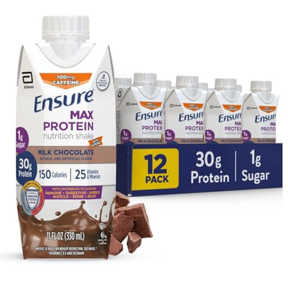 Ensure Max Protein Nutrition Shake with 30g of Protein, 1g of Sugar, High Protein Shake, Milk Chocolate, 11 Fl Oz (Pack of 12), Liquid, Halal